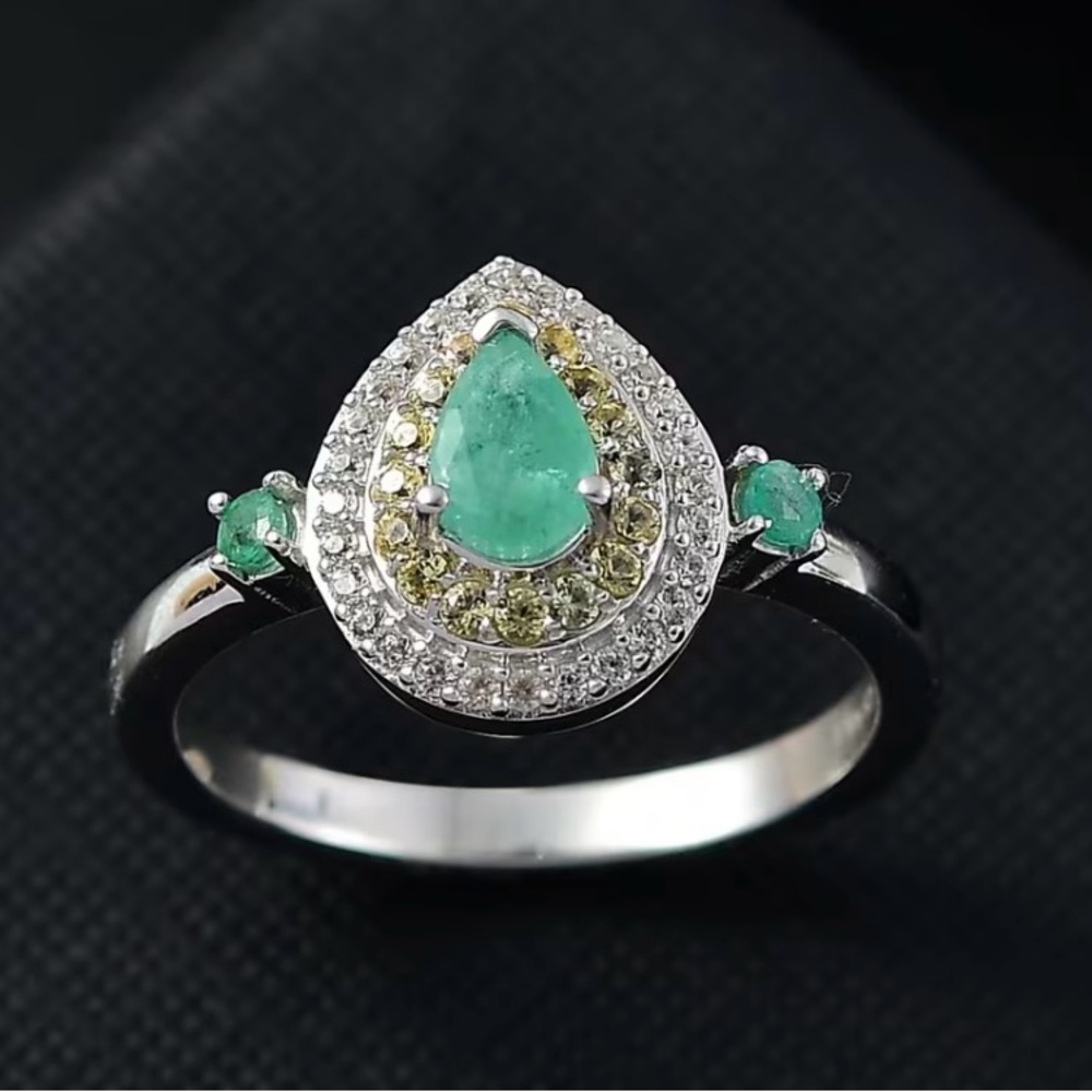 Emerald, Sapphire and Zircon Halo 1.10 Carat Ring in Sterling Silver